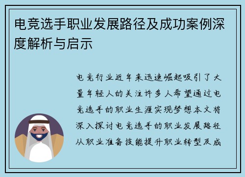 电竞选手职业发展路径及成功案例深度解析与启示