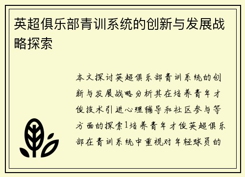 英超俱乐部青训系统的创新与发展战略探索
